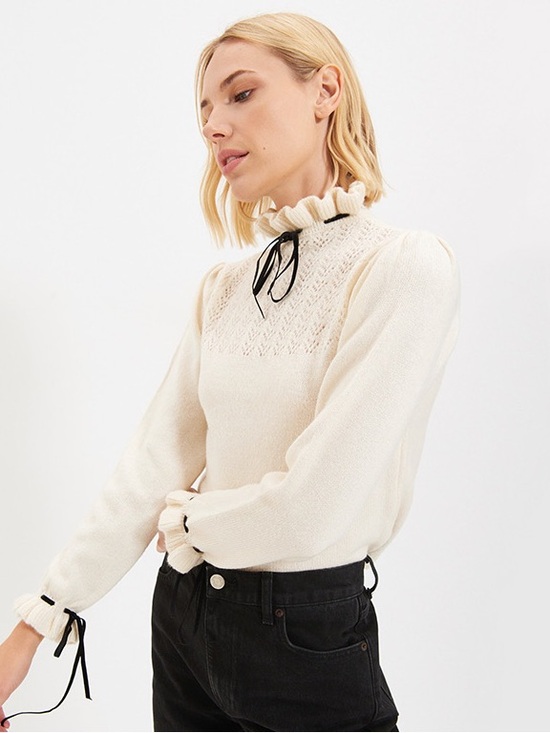 Zara Sweaters - Zara Cream Ruffle-Neck Sweater with Black Ribbon Detail